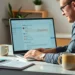 man smiling at laptop email inbox while working from a home desk with coffee and notebook, using AI shortcuts to save time