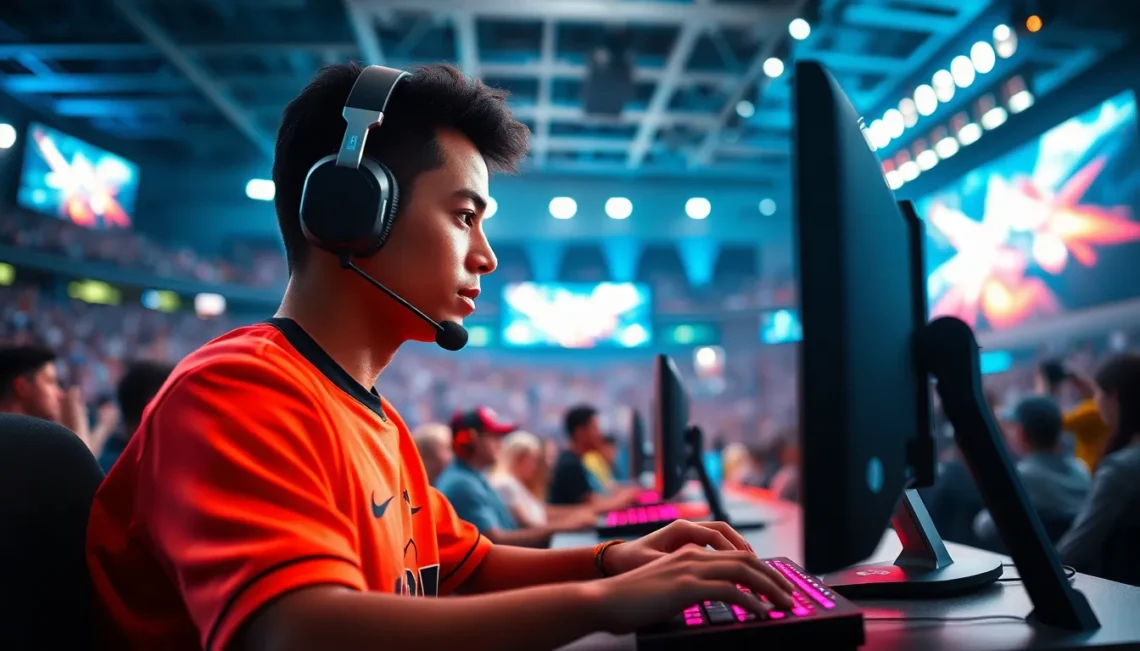 professional esports players competing in packed stadium with glowing screens