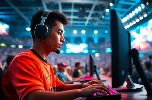 professional esports players competing in packed stadium with glowing screens