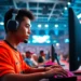 professional esports players competing in packed stadium with glowing screens