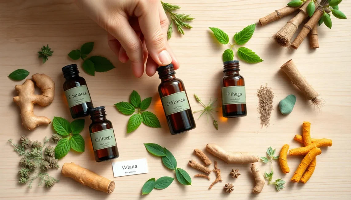 Various herbal remedies and supplements displayed with fresh medicinal plants