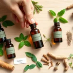 Various herbal remedies and supplements displayed with fresh medicinal plants