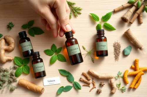 Various herbal remedies and supplements displayed with fresh medicinal plants