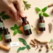 Various herbal remedies and supplements displayed with fresh medicinal plants