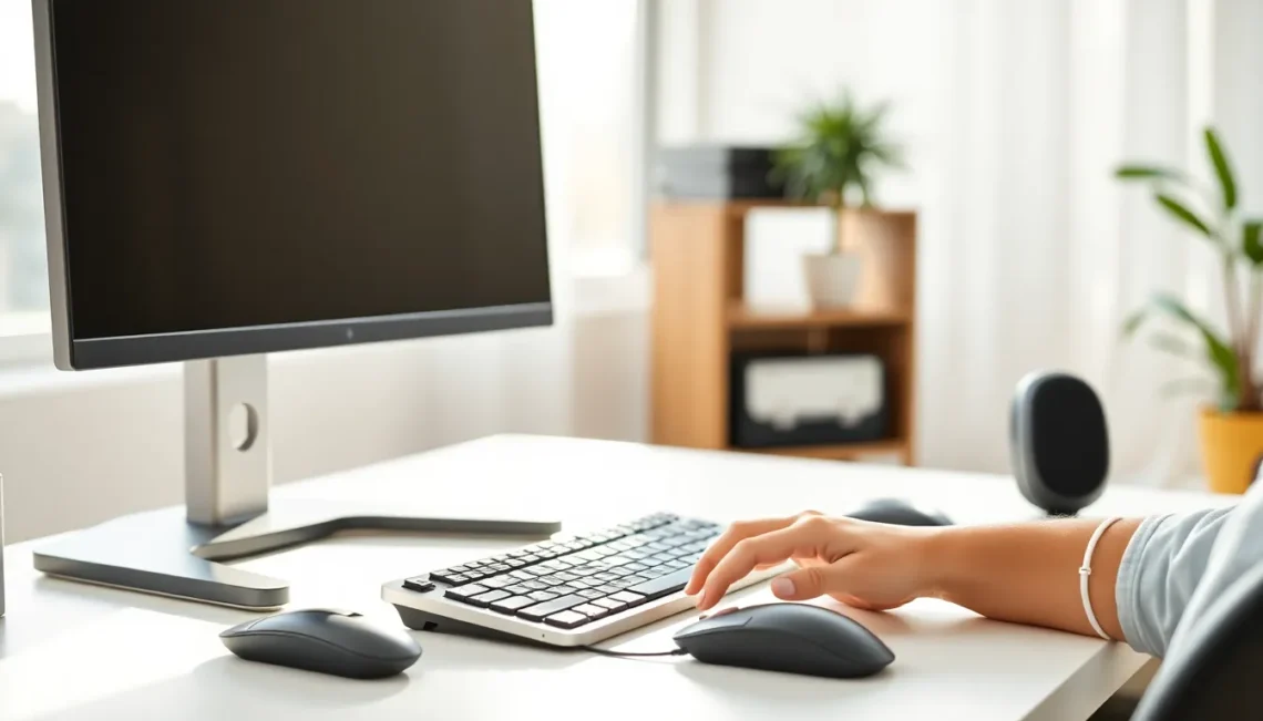 Ergonomic computer workstation setup showing proper sitting posture and monitor placement