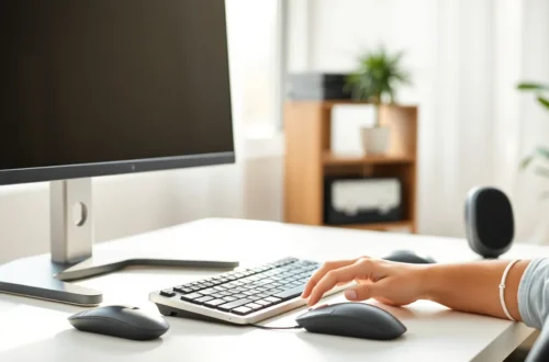 Ergonomic computer workstation setup showing proper sitting posture and monitor placement