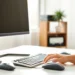 Ergonomic computer workstation setup showing proper sitting posture and monitor placement