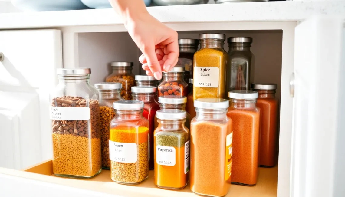 Organized spice jars in cabinet showing proper storage and labeling system