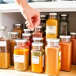 Organized spice jars in cabinet showing proper storage and labeling system