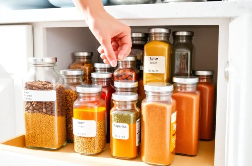 Organized spice jars in cabinet showing proper storage and labeling system