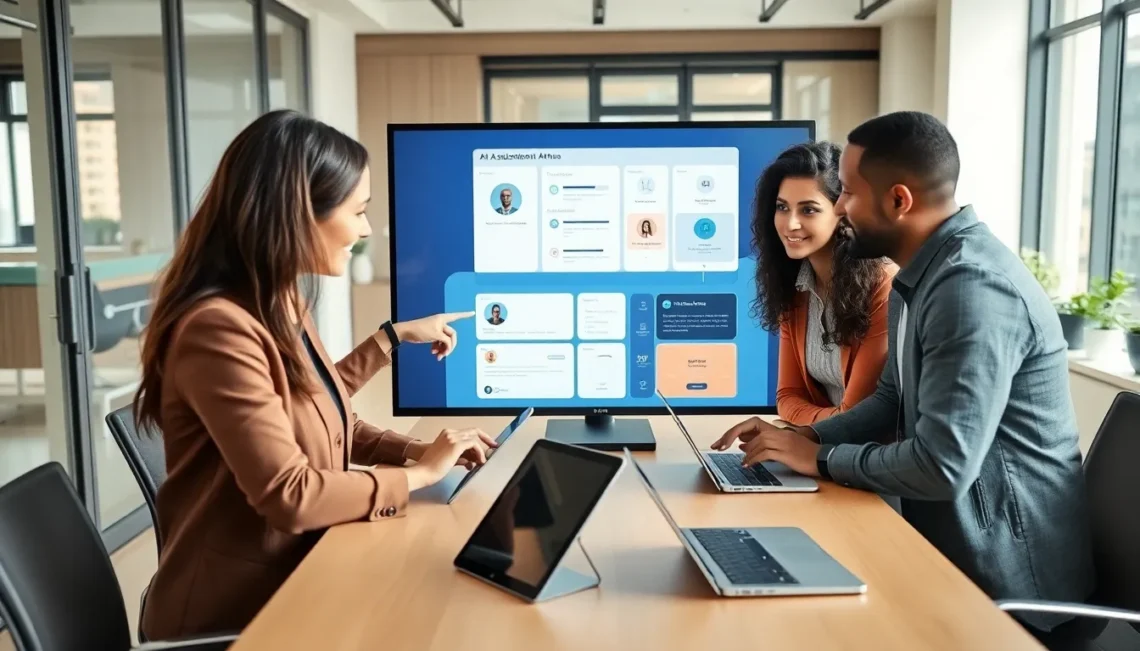 Professional evaluating different AI assistant options on laptop screen