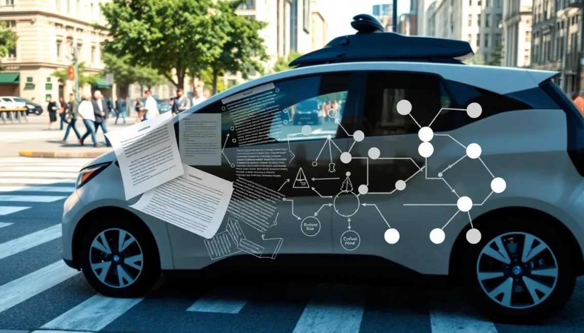 Self-driving car navigating city street with ethical decision-making overlay