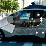 Self-driving car navigating city street with ethical decision-making overlay