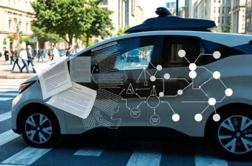 Self-driving car navigating city street with ethical decision-making overlay