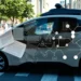 Self-driving car navigating city street with ethical decision-making overlay