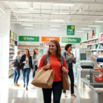 Shoppers comparing products in a clean, well-organized retail store