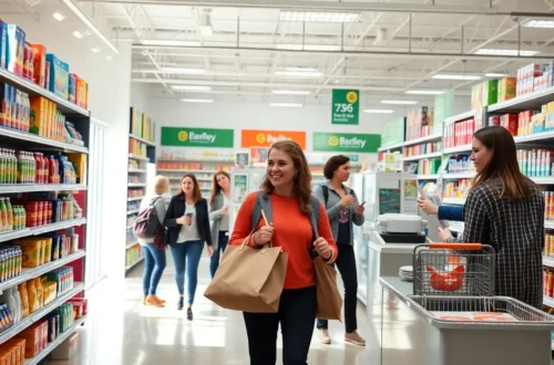 Shoppers comparing products in a clean, well-organized retail store