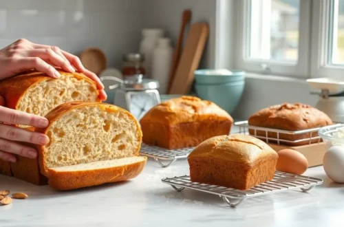 freshly baked gluten-free and keto bread loaves on wooden cutting board