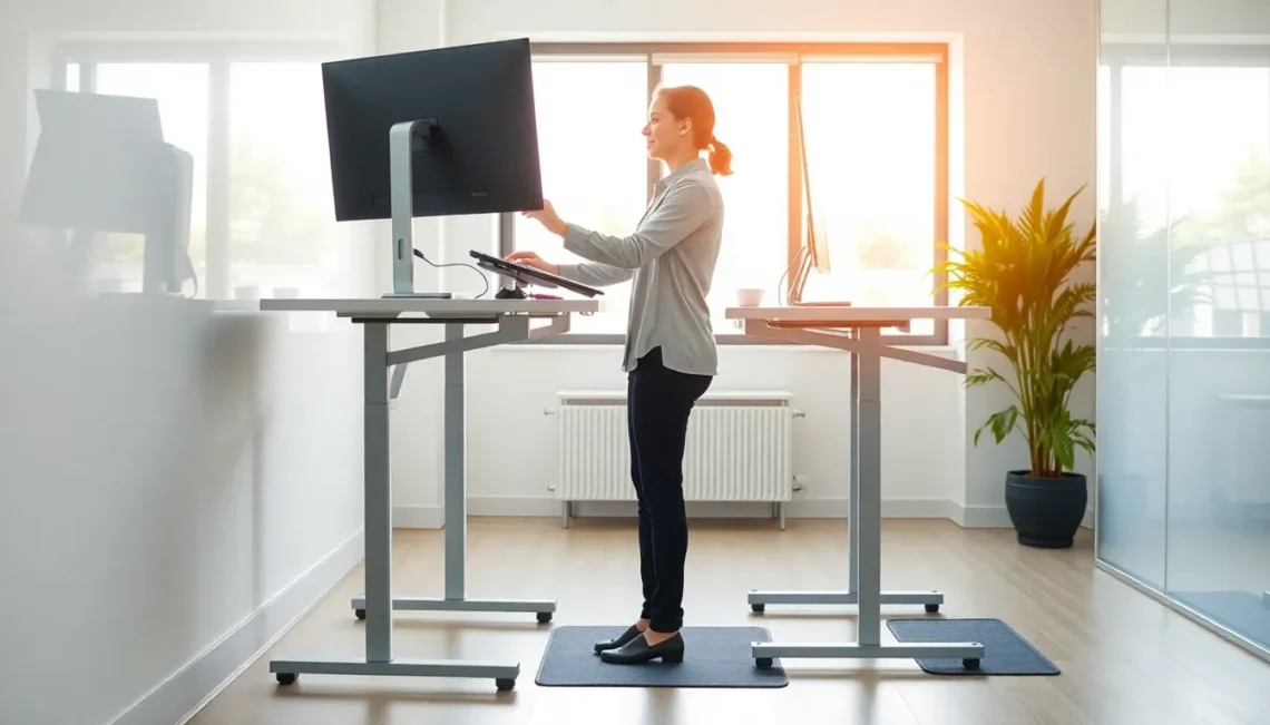 Person using adjustable standing desk with proper ergonomic setup