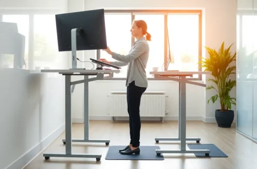 Person using adjustable standing desk with proper ergonomic setup