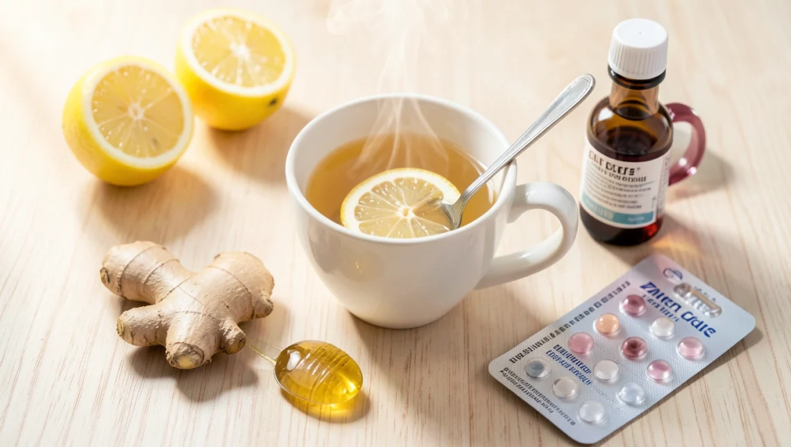 Natural cold and flu remedies including honey, herbs, and supplements on wooden table
