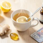 Natural cold and flu remedies including honey, herbs, and supplements on wooden table