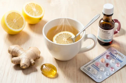 Natural cold and flu remedies including honey, herbs, and supplements on wooden table