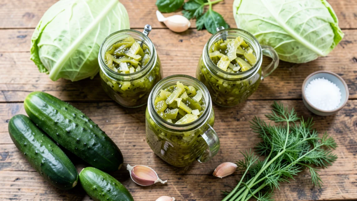 Homemade fermented pickles and sauerkraut in glass jars on kitchen counter