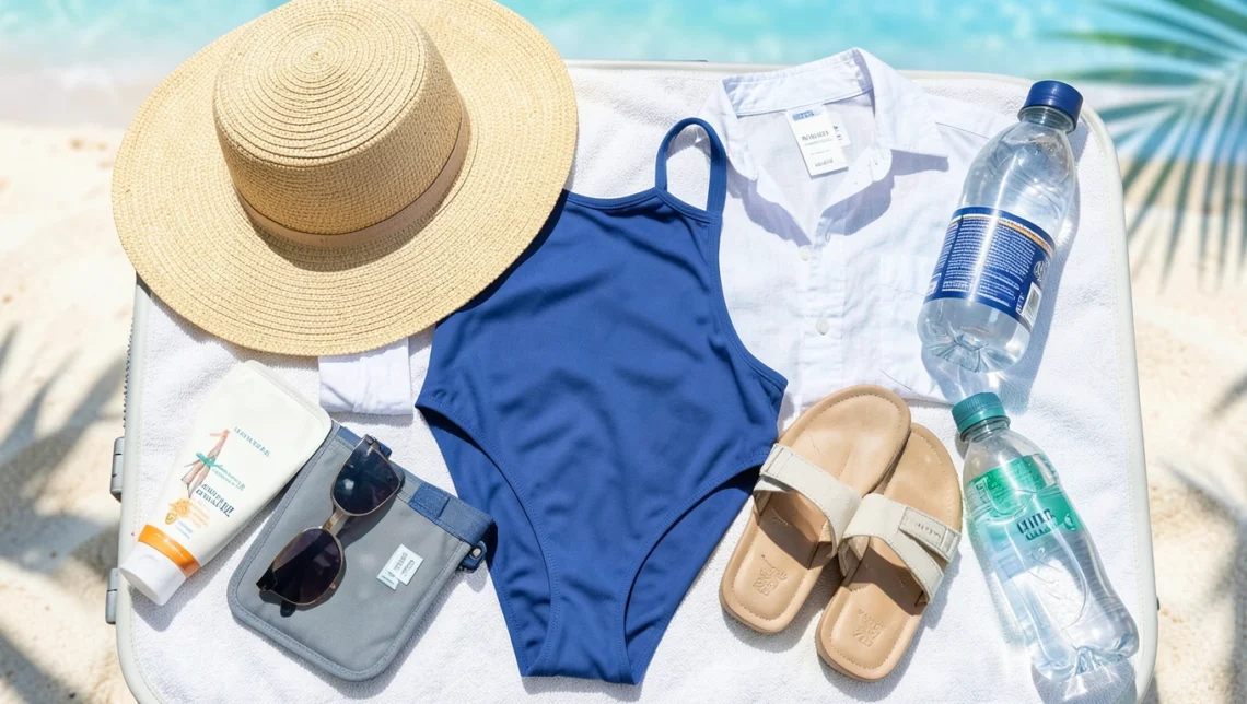 Organized beach vacation packing essentials laid out on bed