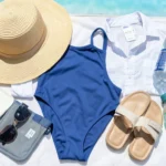 Organized beach vacation packing essentials laid out on bed