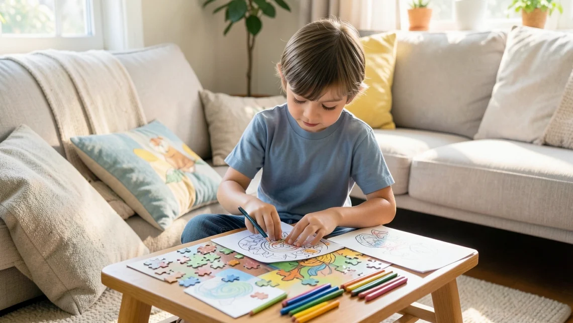 Child reading peacefully in cozy corner during after-school quiet time