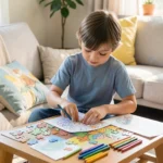 Child reading peacefully in cozy corner during after-school quiet time