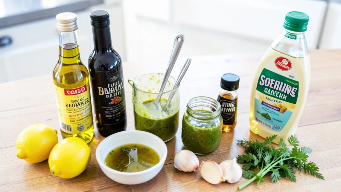 Fresh homemade salad dressing in glass jar with olive oil and herbs