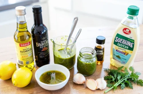 Fresh homemade salad dressing in glass jar with olive oil and herbs