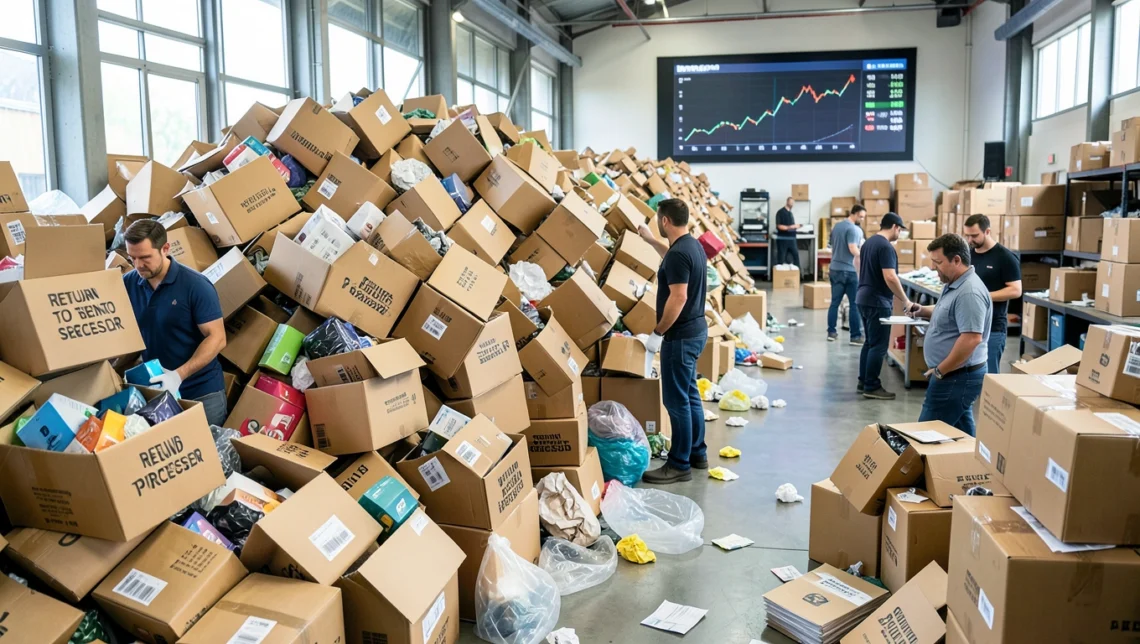 Stacks of returned packages in warehouse showing retail return costs
